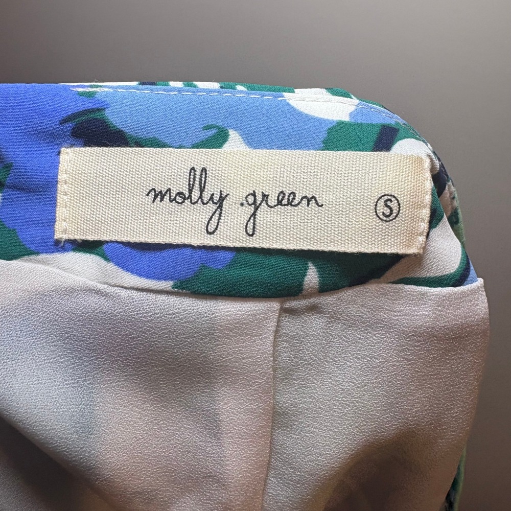 Molly Green Floral Mini Skirt Green Blue Botanical Print Side Slit Lined Size S - Picture 6 of 10